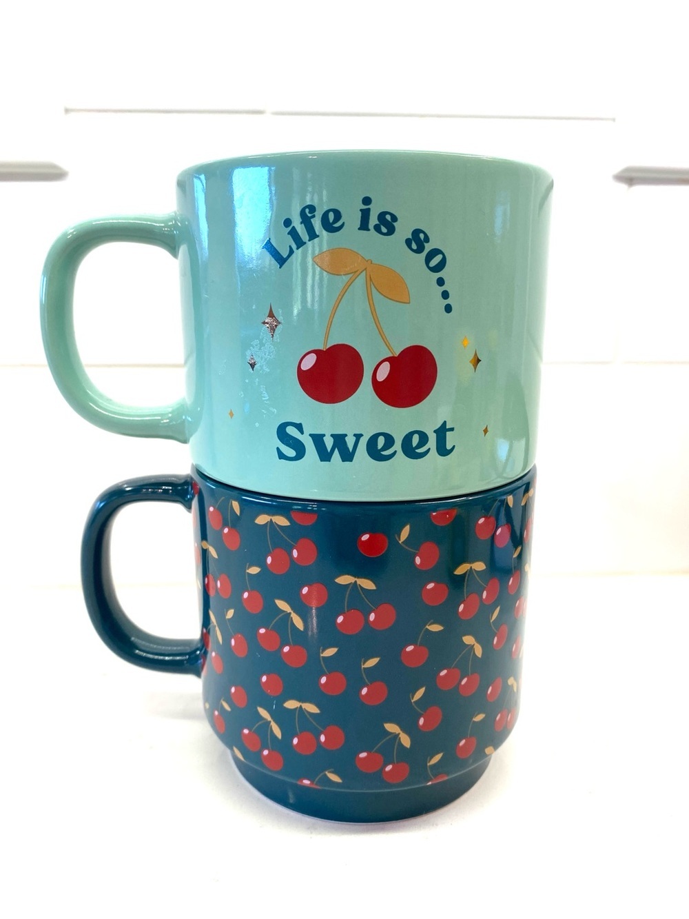 Thyme & Table Cherry Stoneware Mug Set of 2 Life Is So Sweet Retro Cottagecore